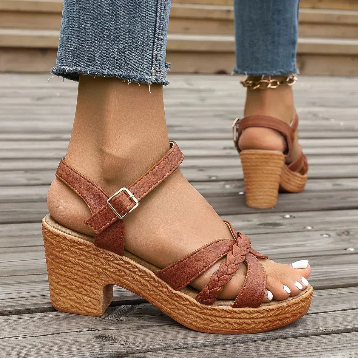 Senna | Women’s Braided Platform Sandals with Block Heel & Buckle Strap