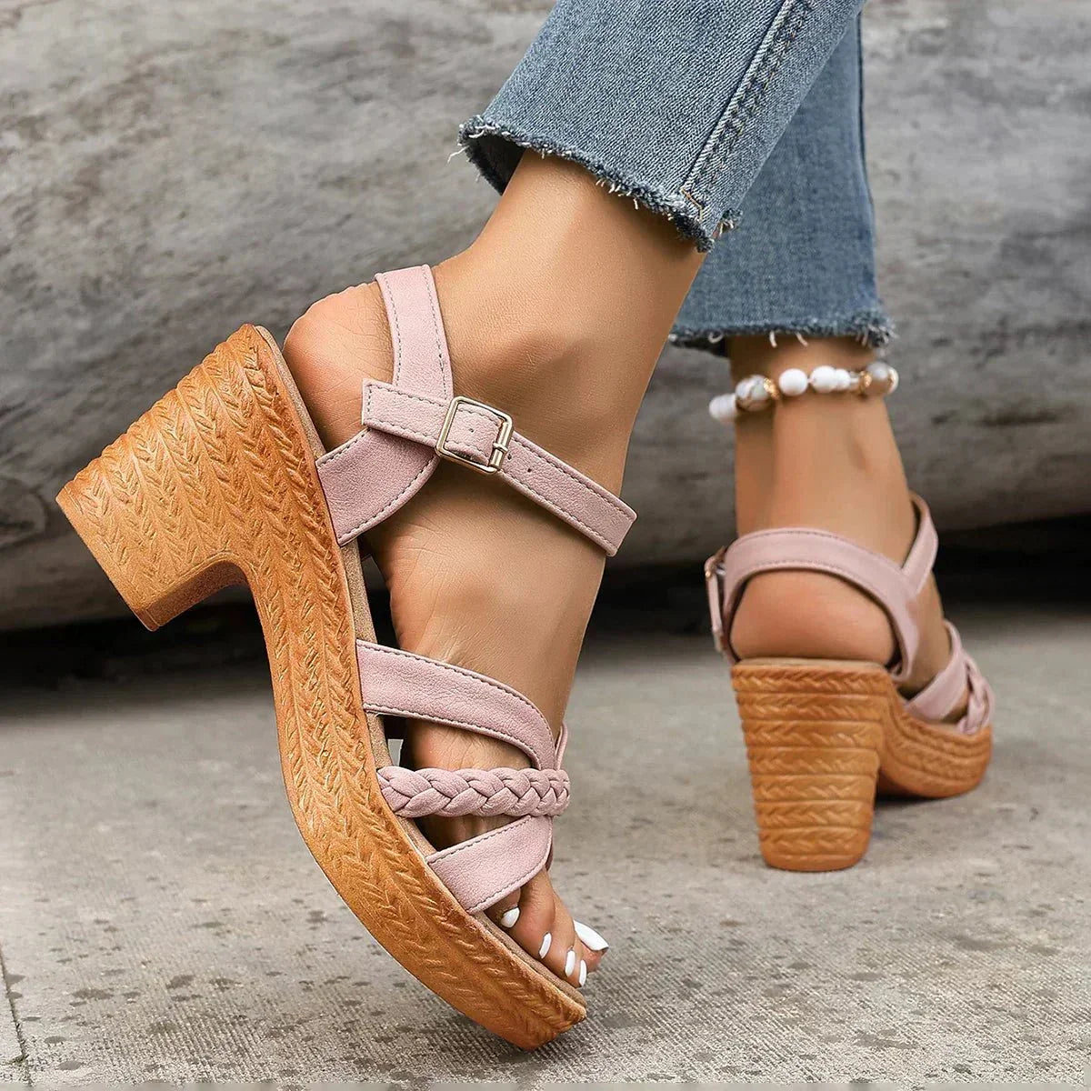 Senna | Women’s Braided Platform Sandals with Block Heel & Buckle Strap
