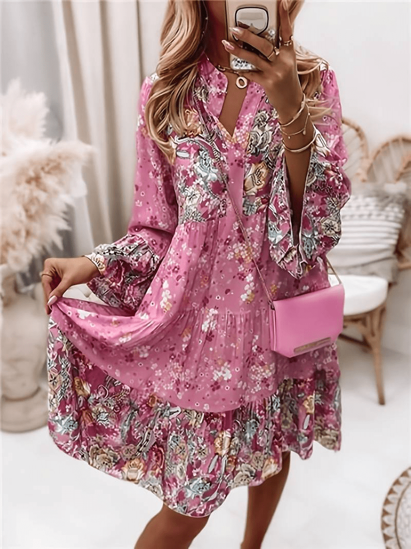 Long Sleeve Floral Ruffle Hem Dress
