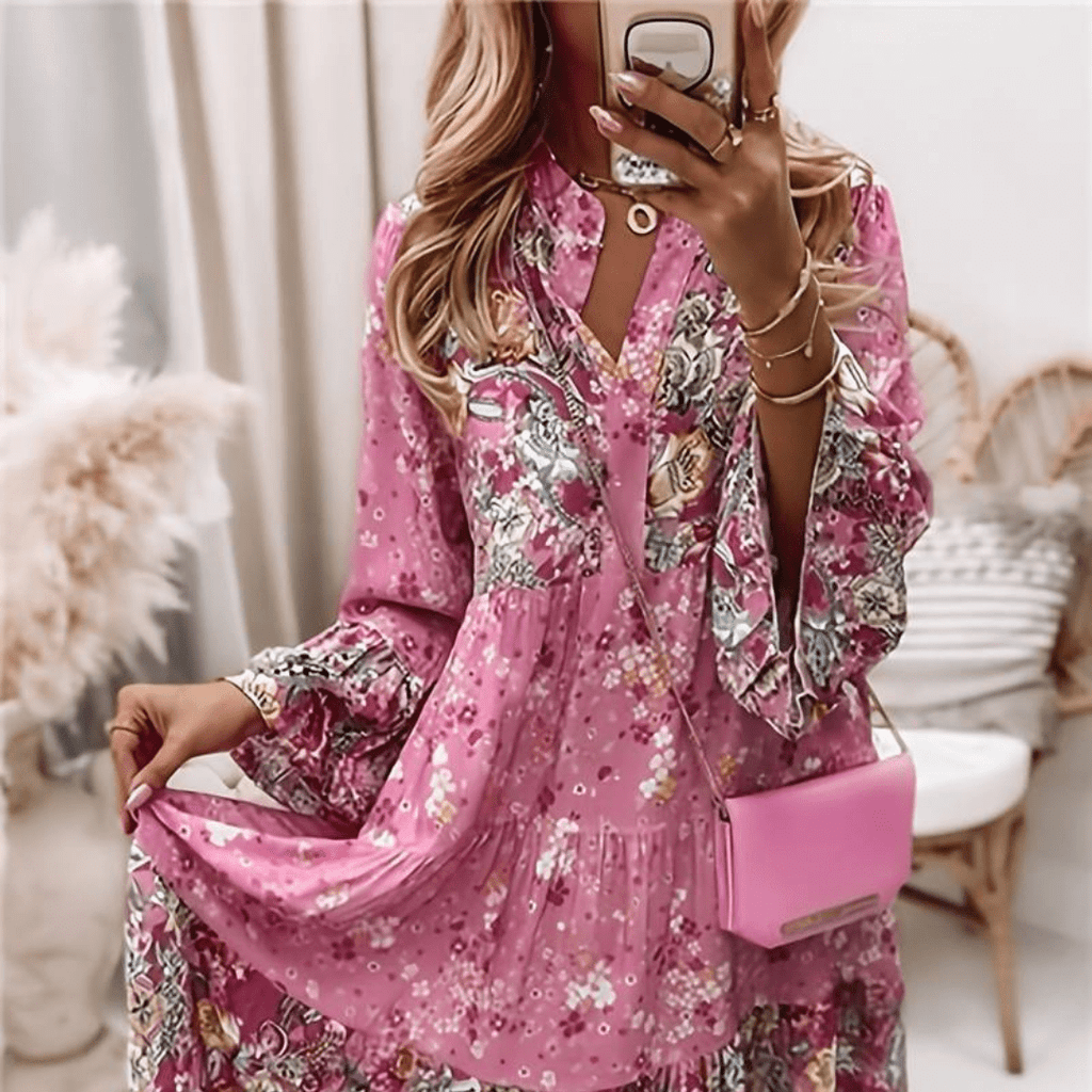 Long Sleeve Floral Ruffle Hem Dress