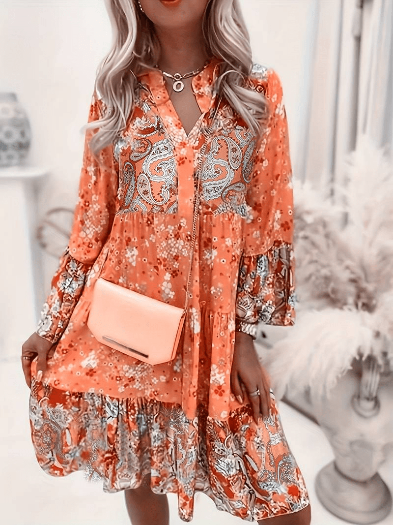 Long Sleeve Floral Ruffle Hem Dress