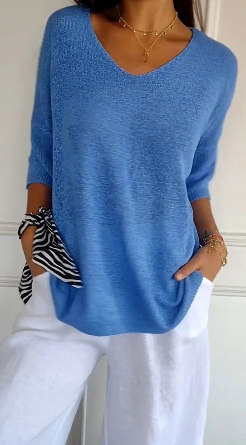 Elodie | Women’s 3/4-Sleeve V-Neck Lightweight Knit Tunic Top