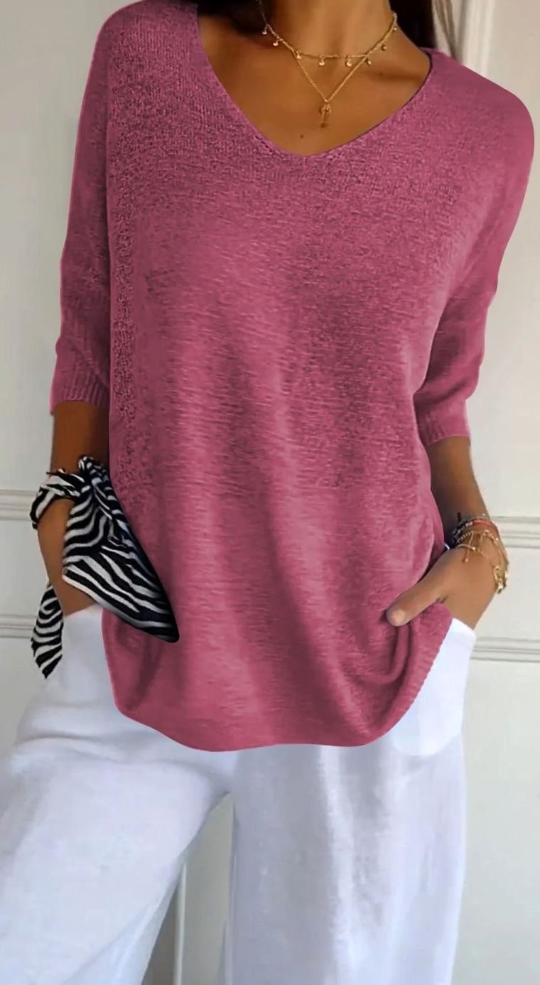 Elodie | Women’s 3/4-Sleeve V-Neck Lightweight Knit Tunic Top